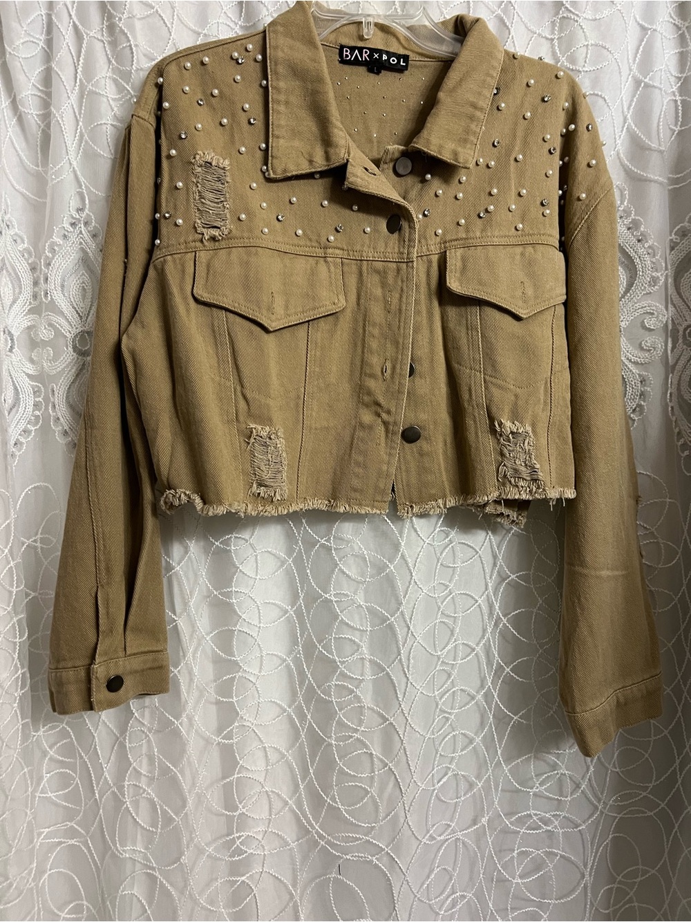 Studded Cropped Jean Jacket in Khaki
